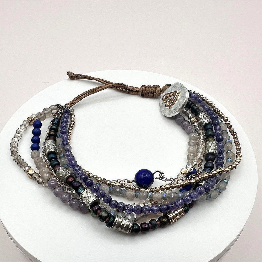 Vintage‎ 70s Beaded Indigo Bracelet Multi-strand Blue Glass Heart Charm Jewelry